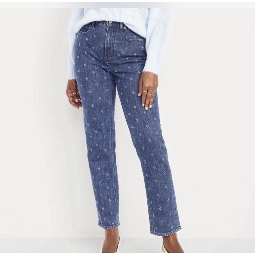 OLD NAVY Extra High-Rise Curvy Textured Polka Dot Straight Jeans Size 14 Denim